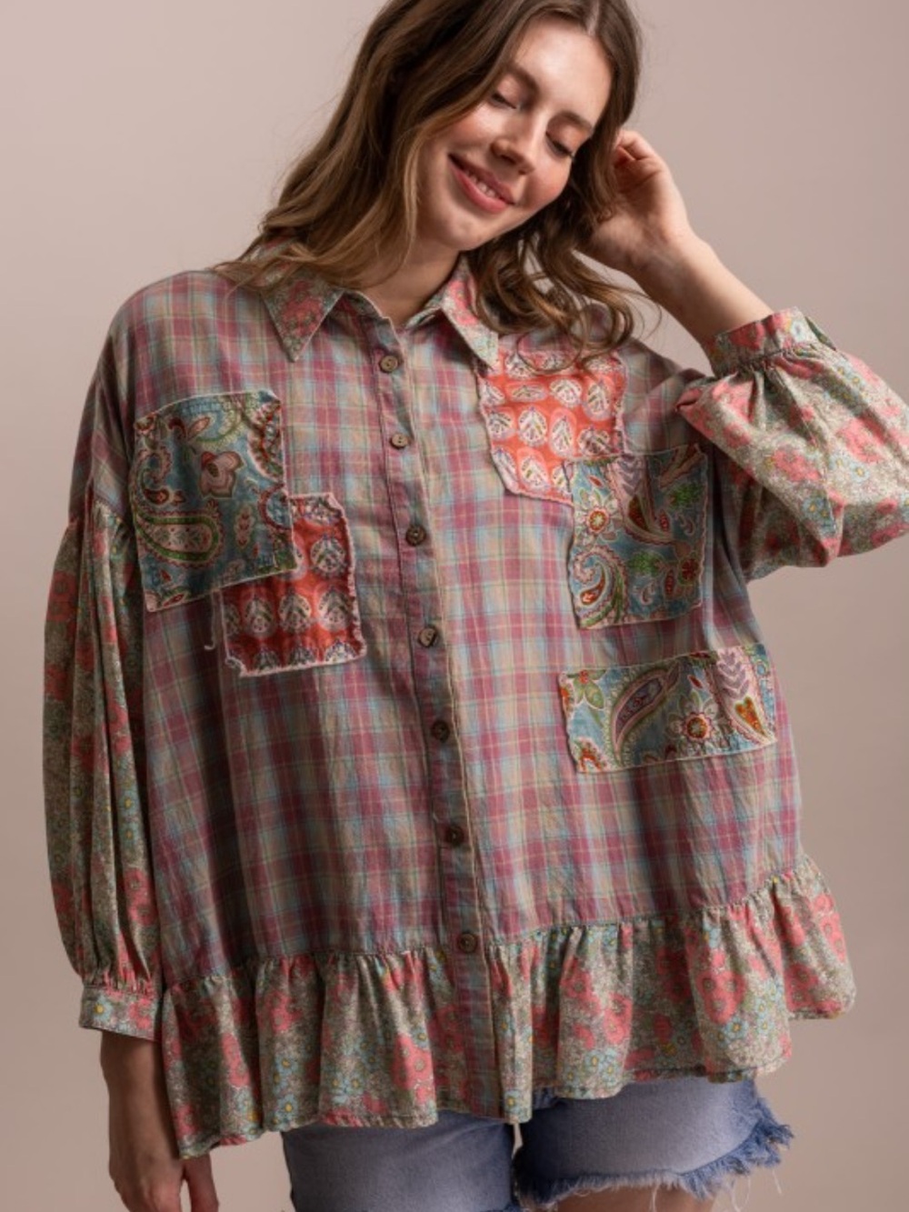 Bluevelvet Boho Patchwork Plaid Ruffle Button-Down Top - Pink Multi